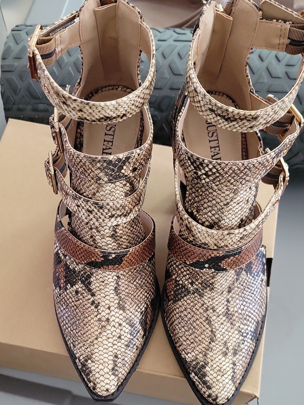 JustFab Snake-Print Pointed-Toe Ankle-Strap Heels in Beige and Brown